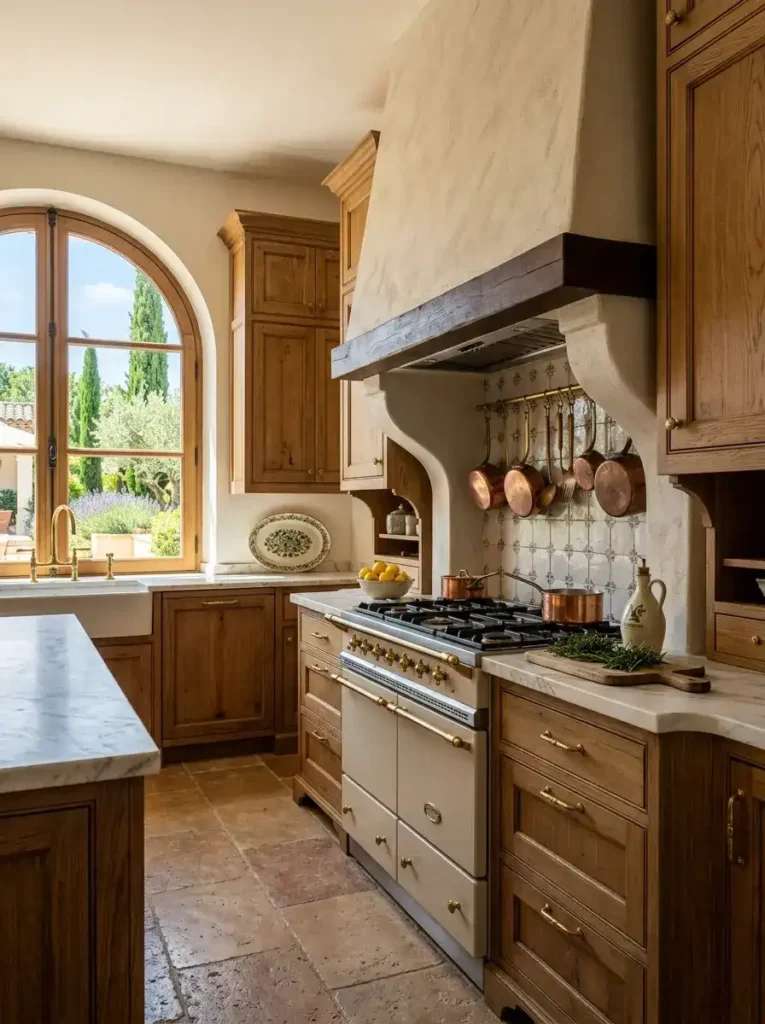 Integrated appliances in a vintage Mediterranean kitchen with brass details.