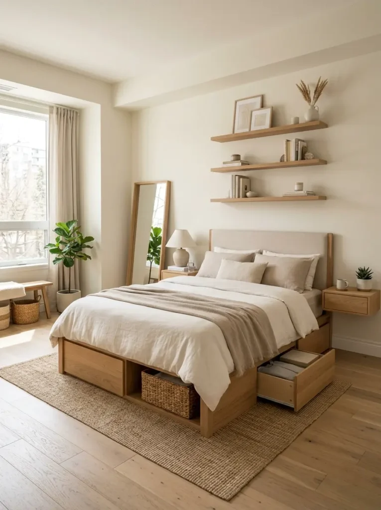 Warm neutral small bedroom with smart hidden storage