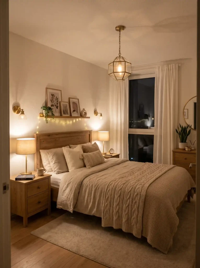 Soft lighting in warm neutral small bedroom