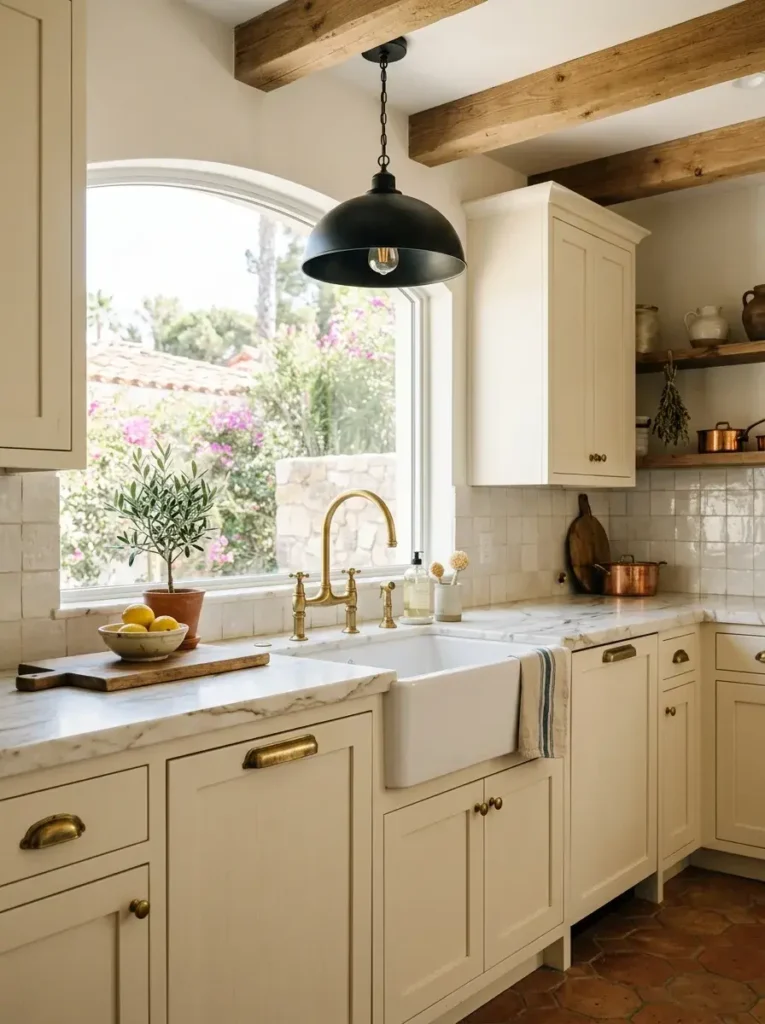 Aged brass pulls and faucet in a bright Mediterranean kitchen.