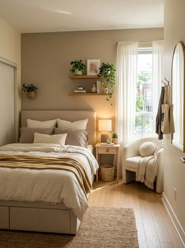 Warm neutral small bedroom with space-saving furniture