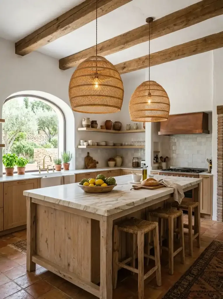 Woven wabi-sabi pendants hanging in a bright Mediterranean kitchen.