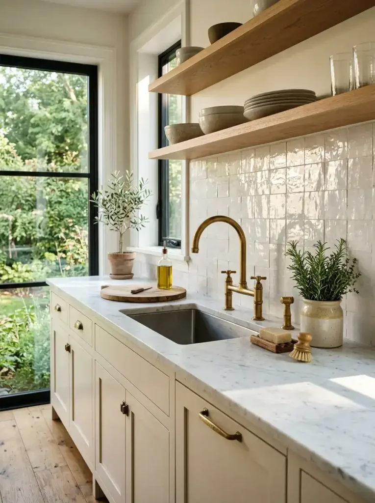 Glossy zellige tile backsplash in a modern Mediterranean kitchen.