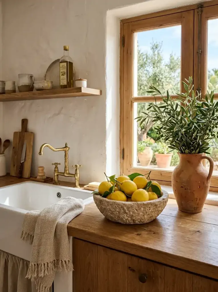 Stone bowl and olive branches styling a Mediterranean kitchen counter.