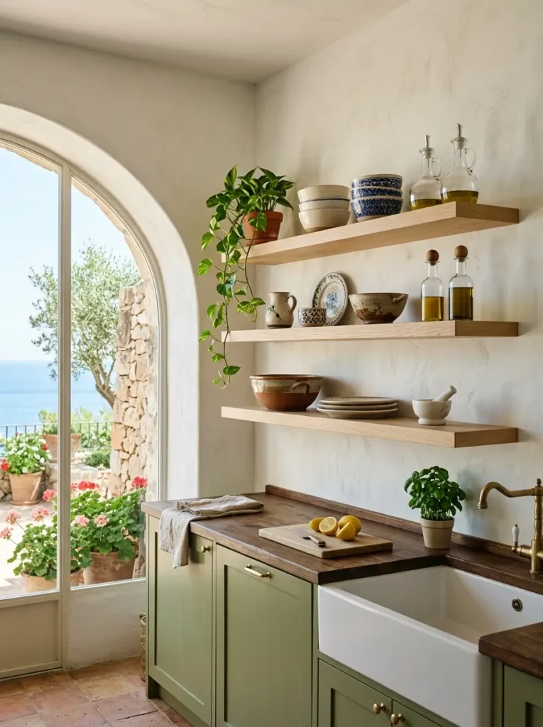 Open wood shelving holding ceramics in a bright Mediterranean kitchen.