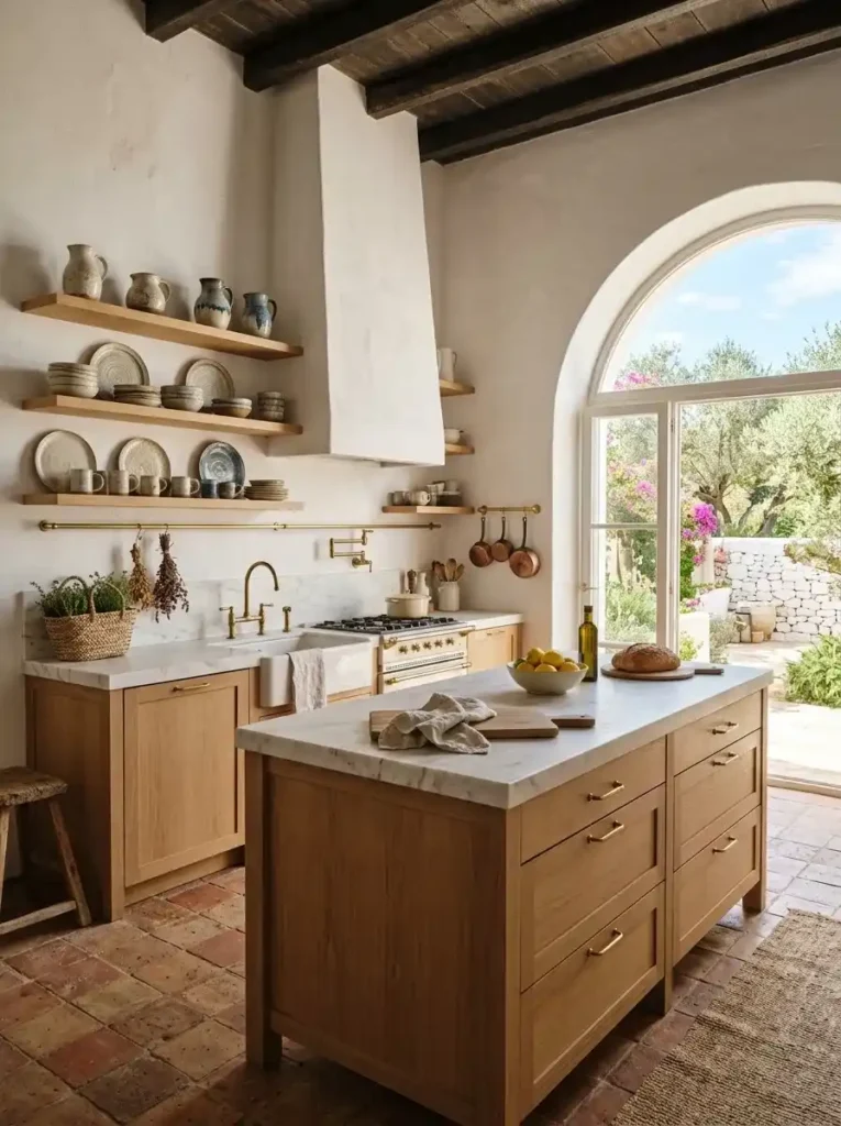 Modern Mediterranean kitchen with white plaster walls and terracotta tiles.