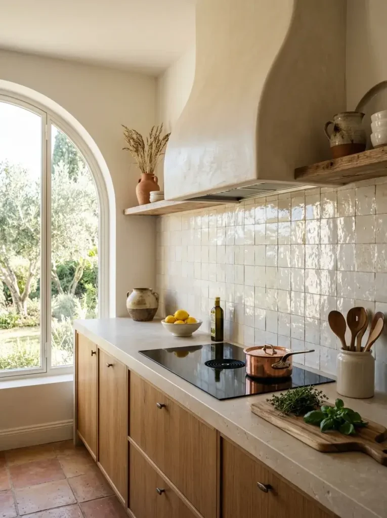 Zellige tile backsplash and Tadelakt plaster in a Mediterranean kitchen.