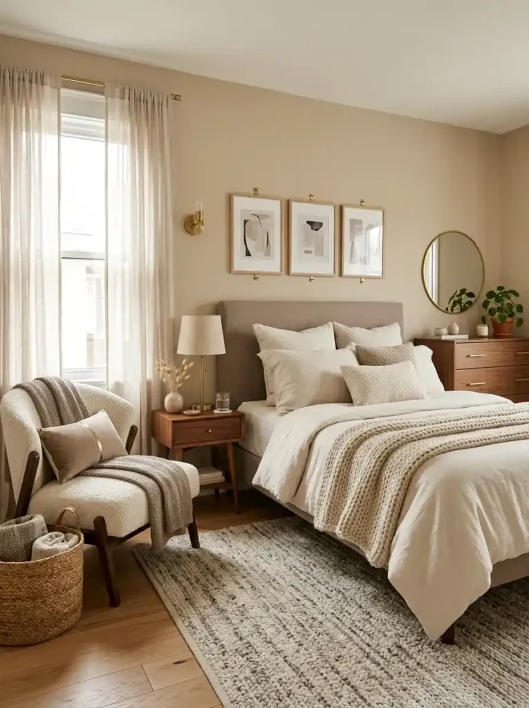 Beige and taupe warm neutral small bedroom ideas