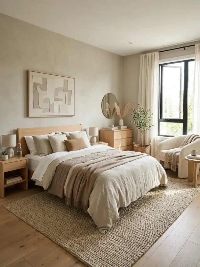 Warm neutral small bedroom ideas with modern decor