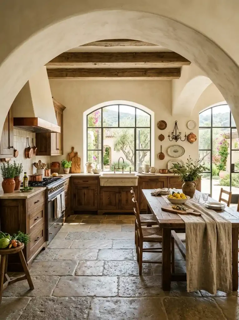 Timeless Mediterranean kitchen featuring flagstone floors and solid oak cabinetry.