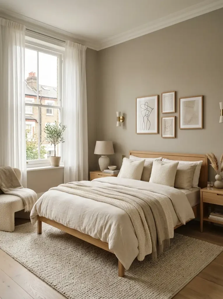 Warm neutral small bedroom inspired by UK interiors