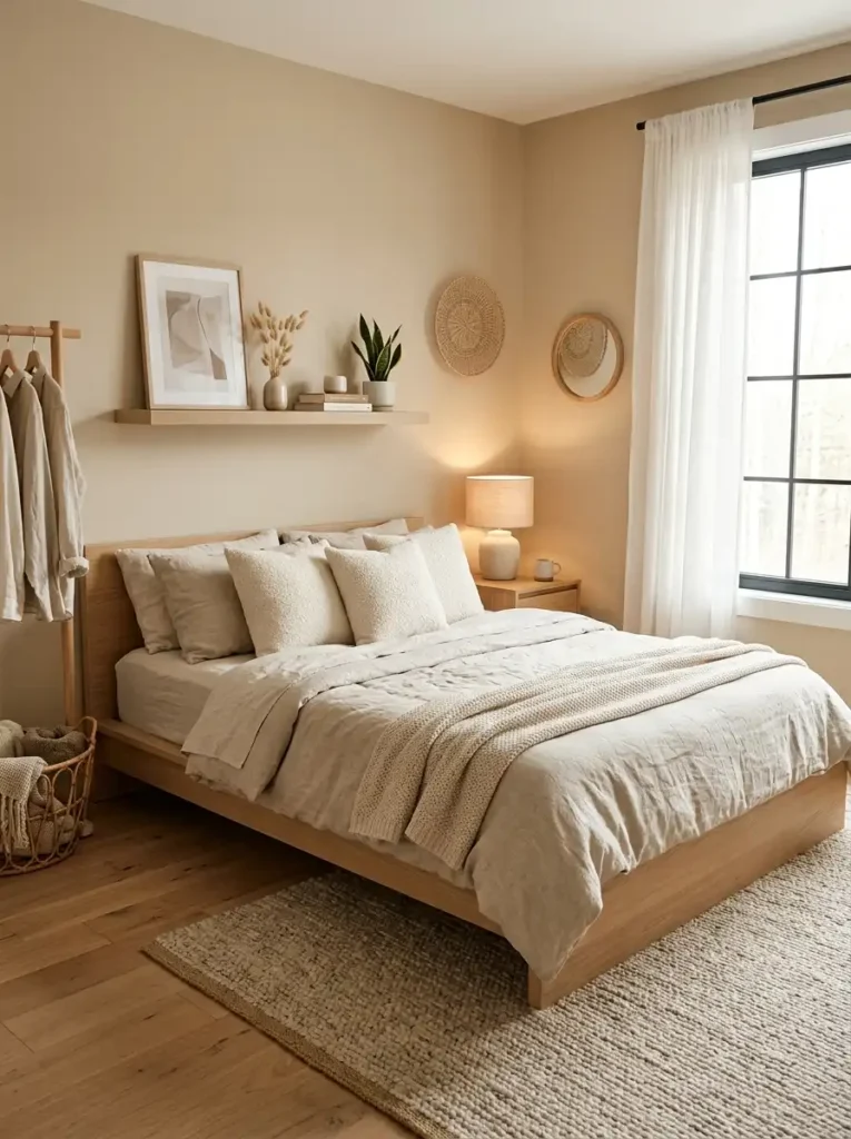 Minimalist warm neutral small bedroom with natural textures