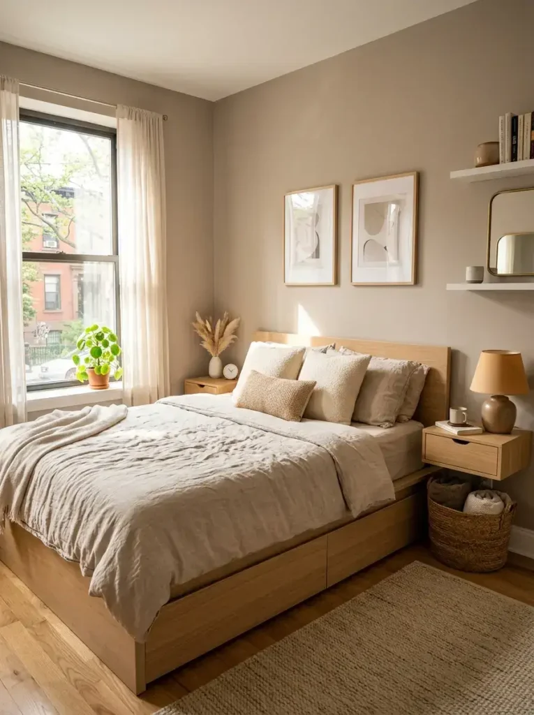 Warm neutral small bedroom ideas for compact apartments