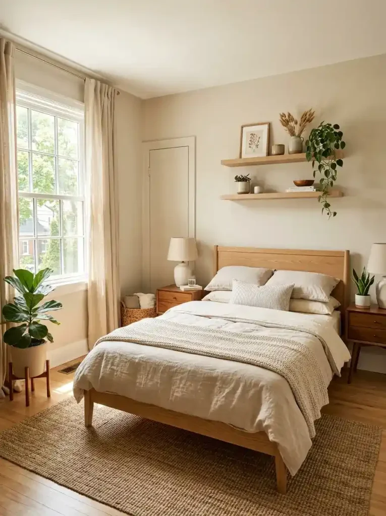 Warm neutral small bedroom with natural wood accents