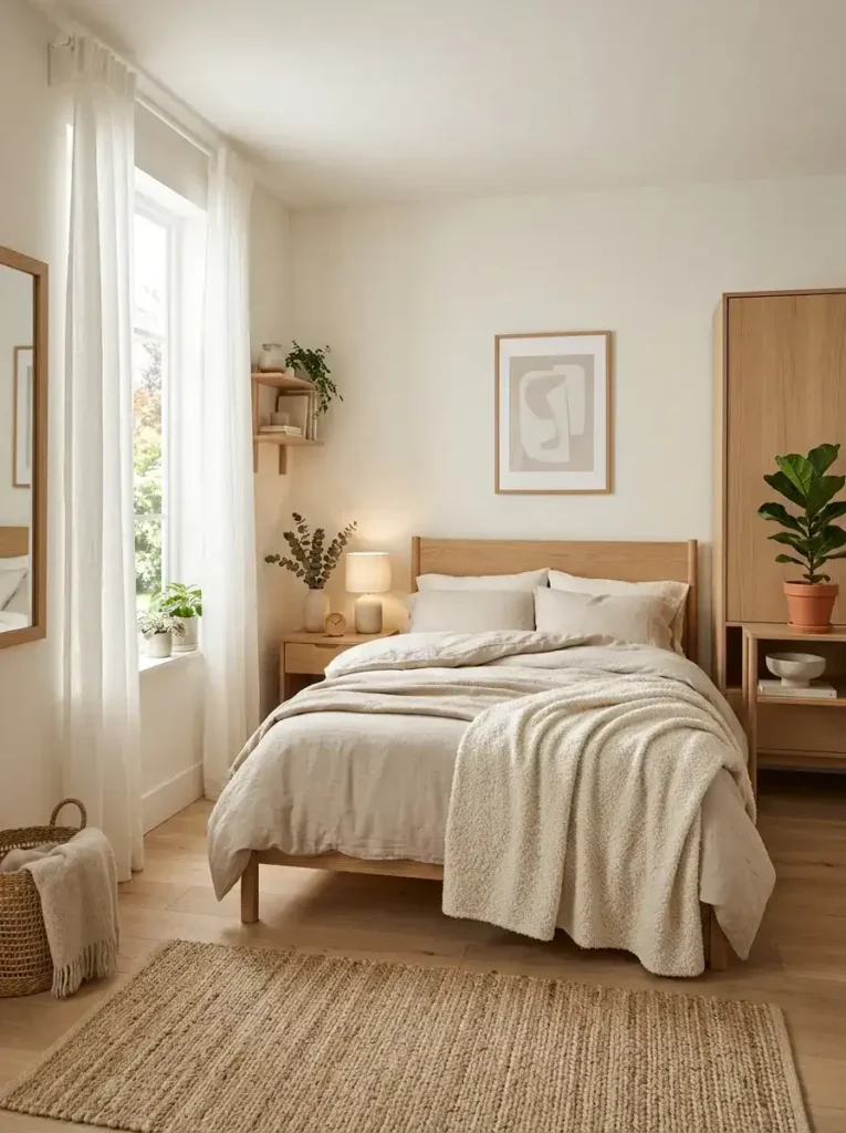 Scandinavian warm neutral small bedroom styling