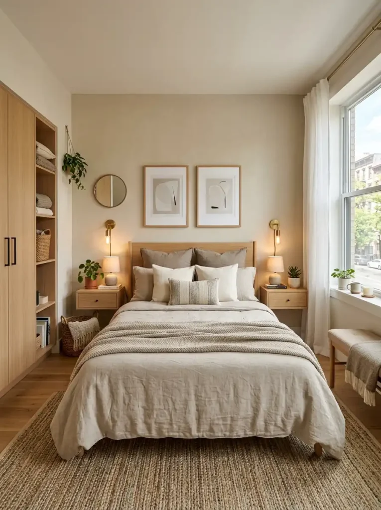 Warm neutral small bedroom for couples