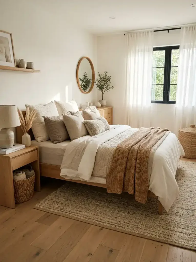 Textured bedding in warm neutral small bedroom