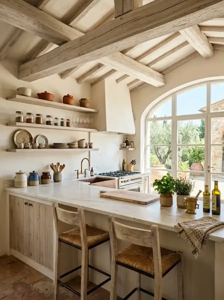 Mediterranean kitchen featuring warm white oak beams and open shelving.