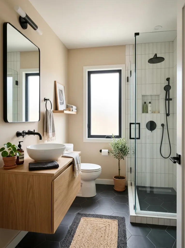 Modern small bathroom design featuring a floating wooden vanity.