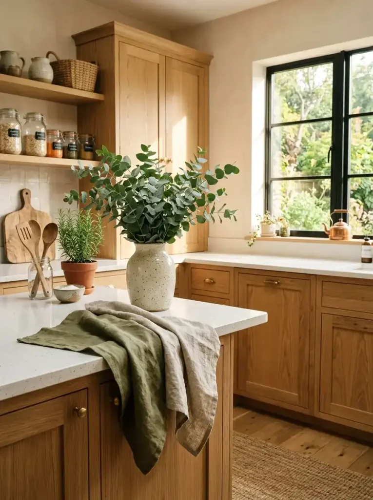 Belgian flax linens on a countertop for sustainable kitchen decor.