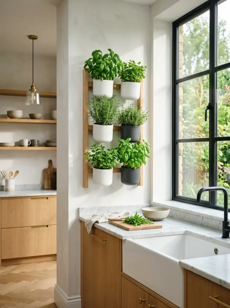 Sustainable kitchen decor featuring a sleek vertical indoor herb garden.