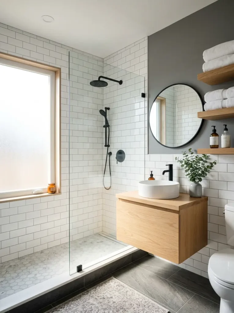 Modern small bathroom design with frameless glass and black fixtures.