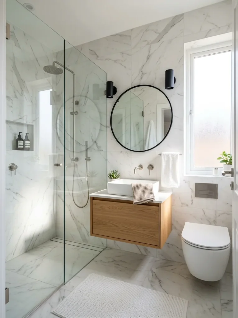 Large format tiles in modern small bathroom
