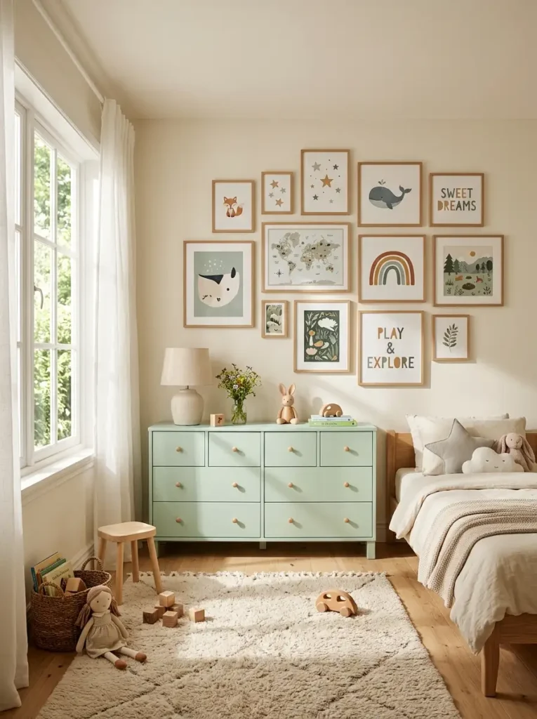 A curated kids bedroom gallery wall styled above a mint dresser.