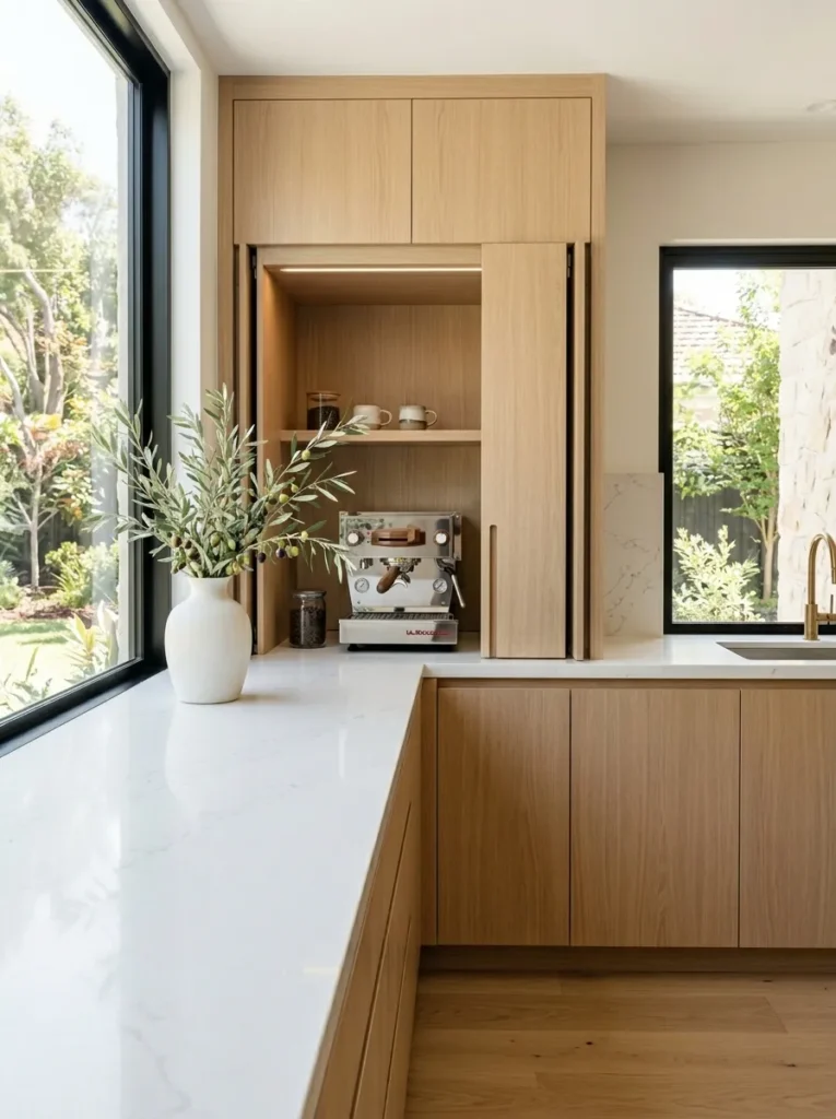 Clutter-free kitchen counter featuring an open modern appliance garage.