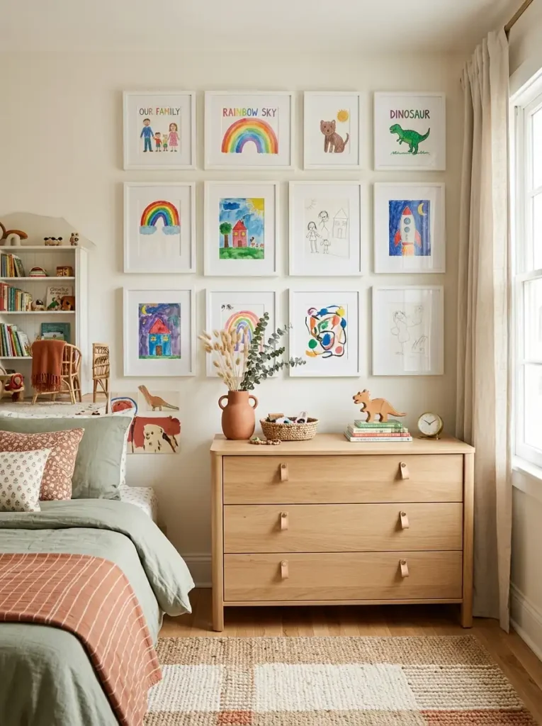 Kids bedroom gallery wall with framed colorful children's school art.