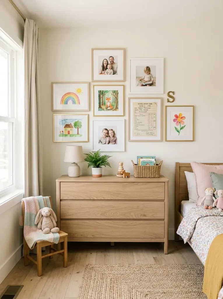 Kids bedroom gallery wall blending framed school art and family photos.