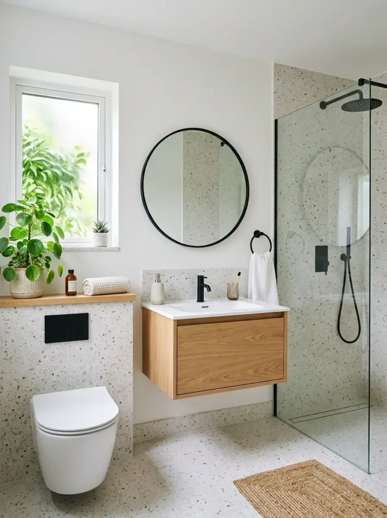 Modern small bathroom design featuring a floating vanity and glass shower.