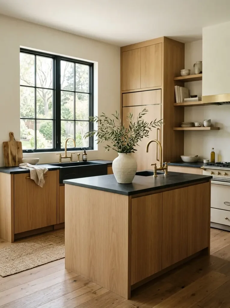 Sophisticated sustainable kitchen decor with oak cabinets and soapstone counters.