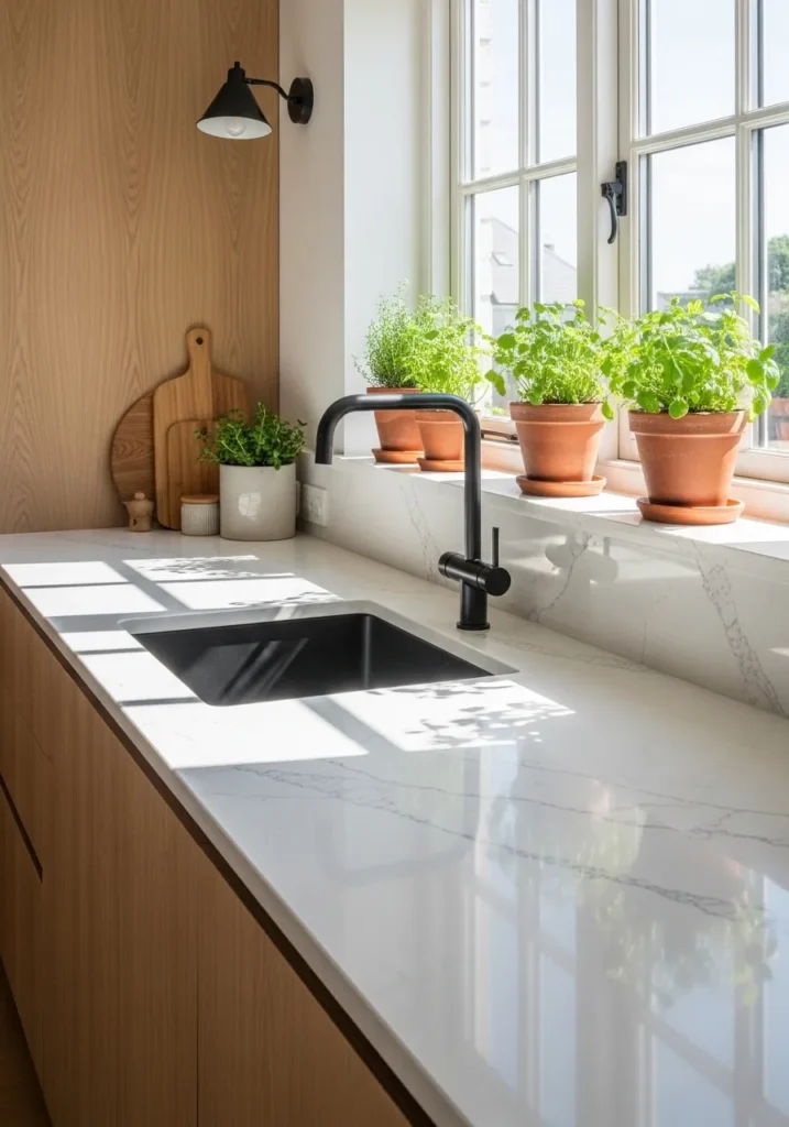 Luxury sustainable kitchen decor featuring eco-friendly white quartz countertops.