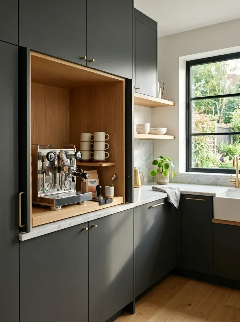 Modern appliance garage in a sleek, minimalist gray kitchen corner.