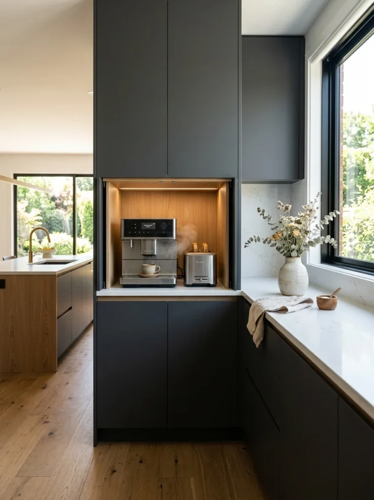 Sleek modern appliance garage in a luxury minimalist kitchen.