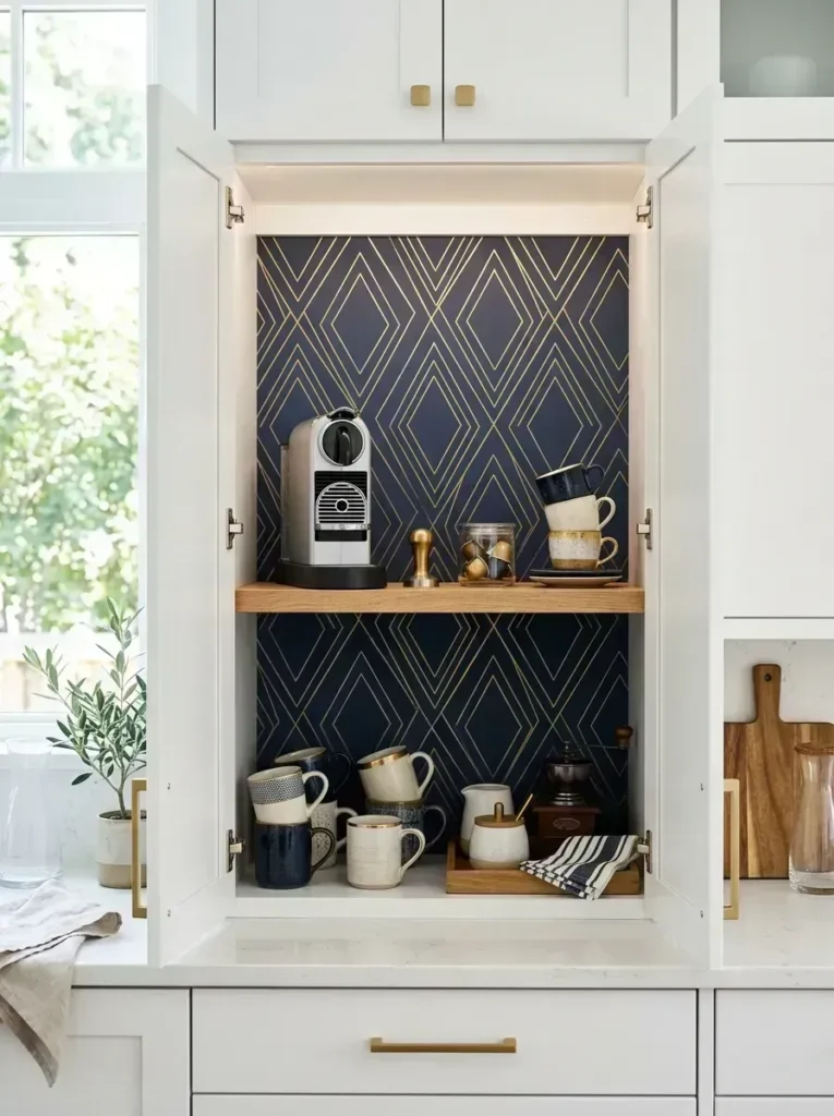Modern appliance garage with geometric wallpaper interior styling.