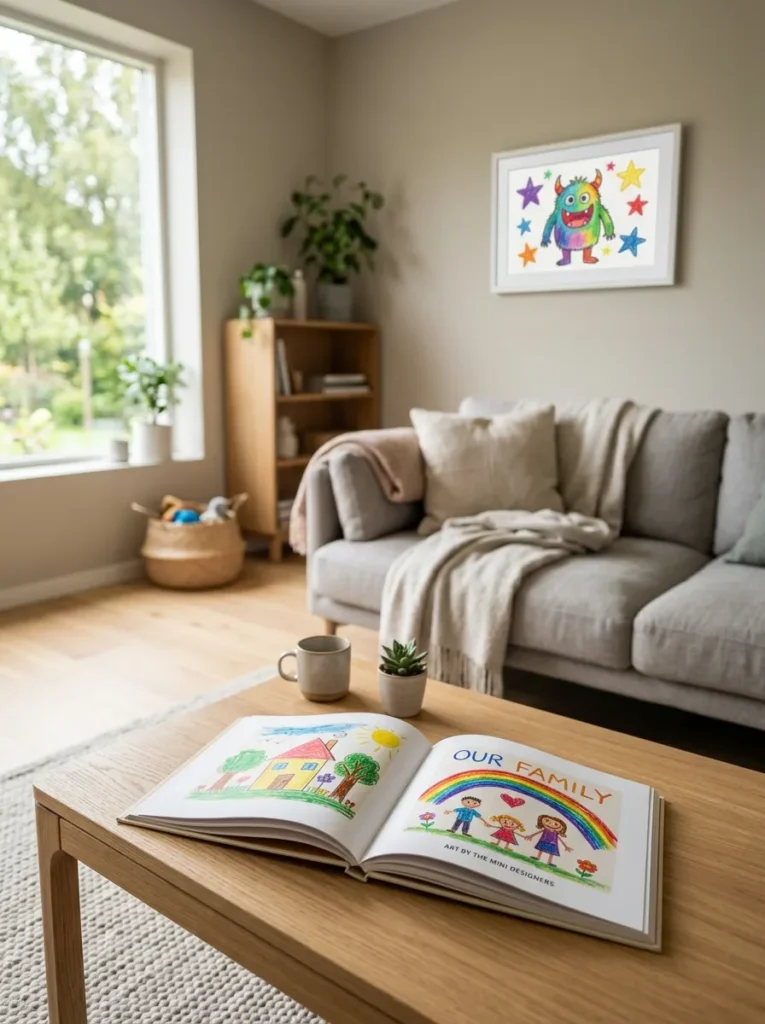 Digital frame displaying children's art next to a kids bedroom gallery wall.