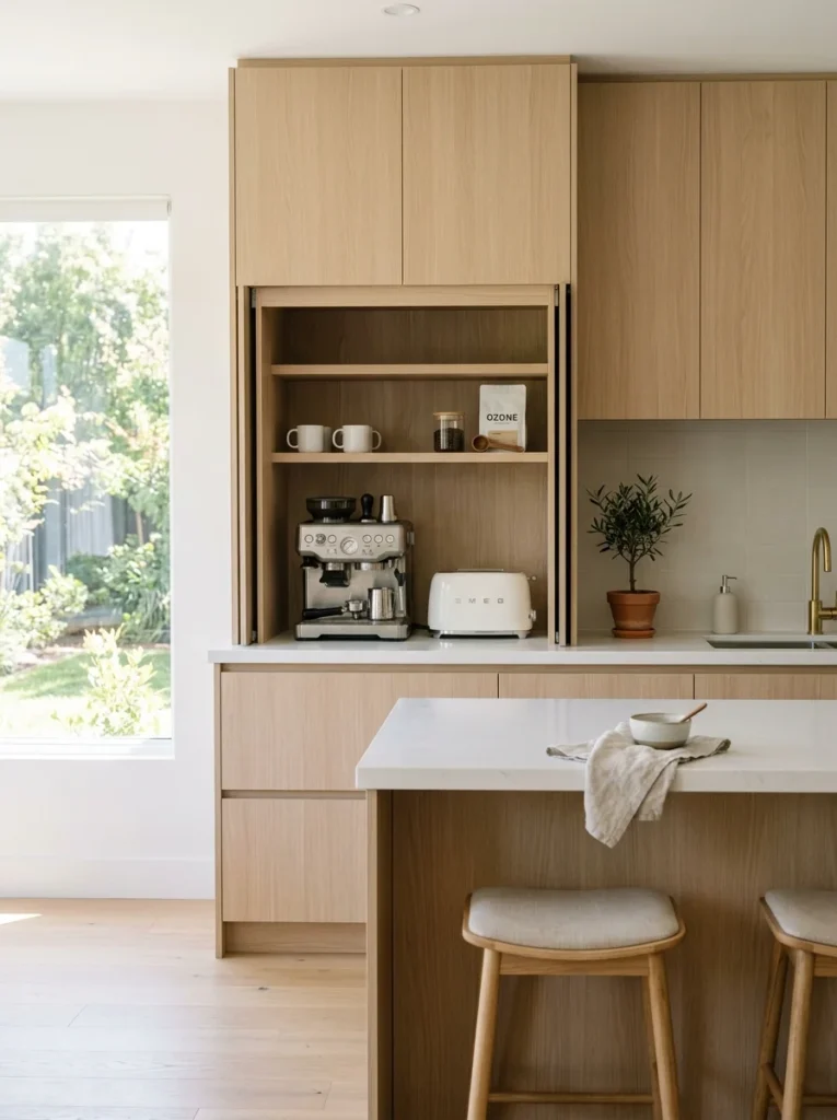 Modern appliance garage in a bright white oak kitchen.