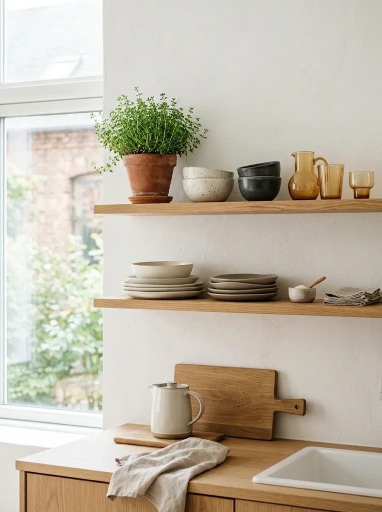 Open wooden shelving styled with sustainable kitchen decor and ceramics.