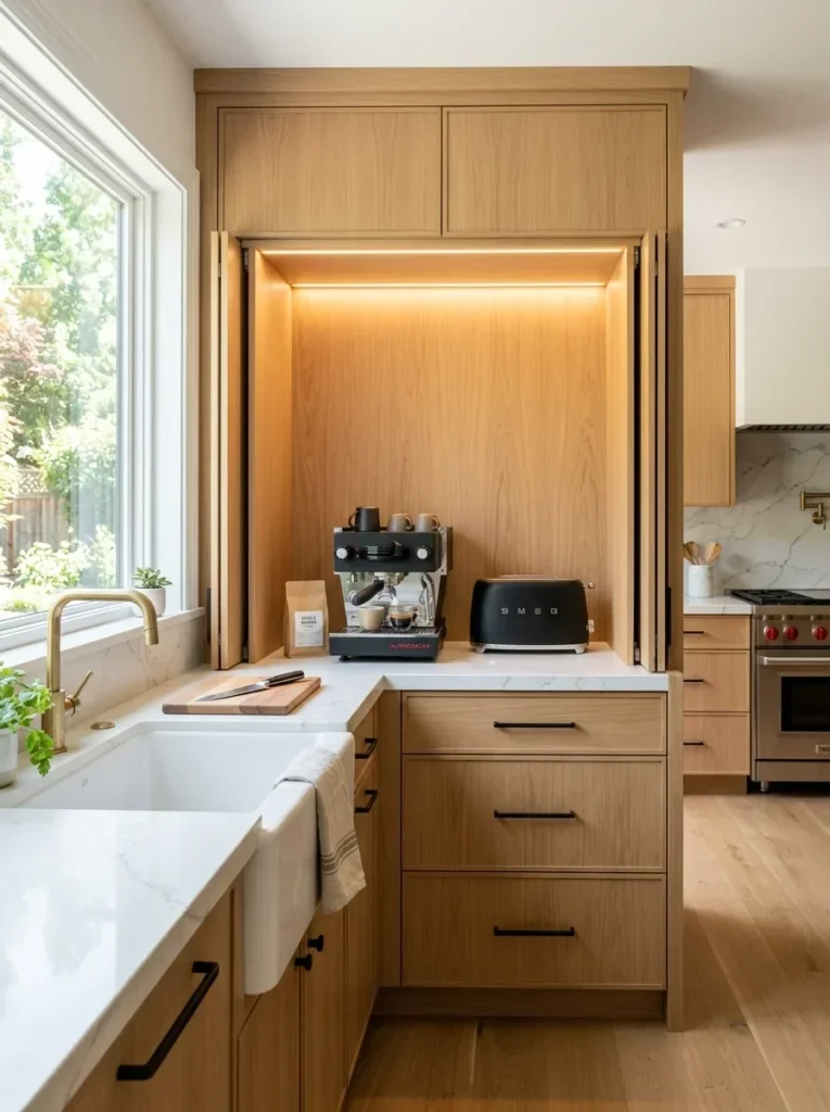 Luxury kitchen featuring a built-in modern appliance garage.