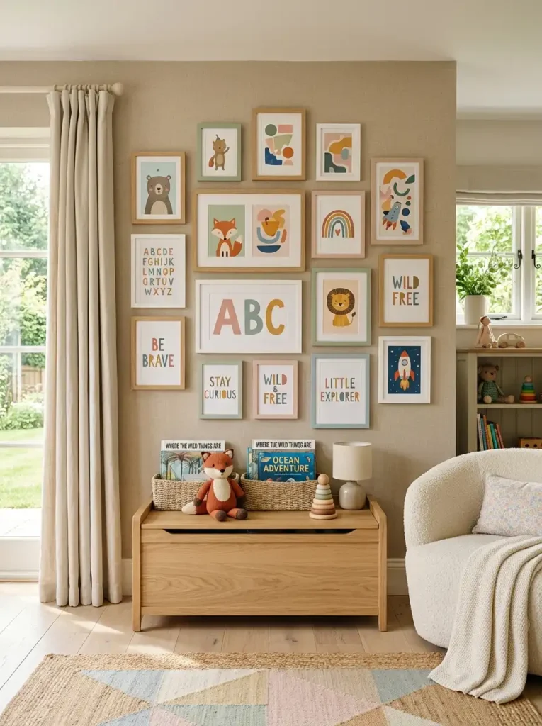 Eclectic kids bedroom gallery wall with colorful framed art.