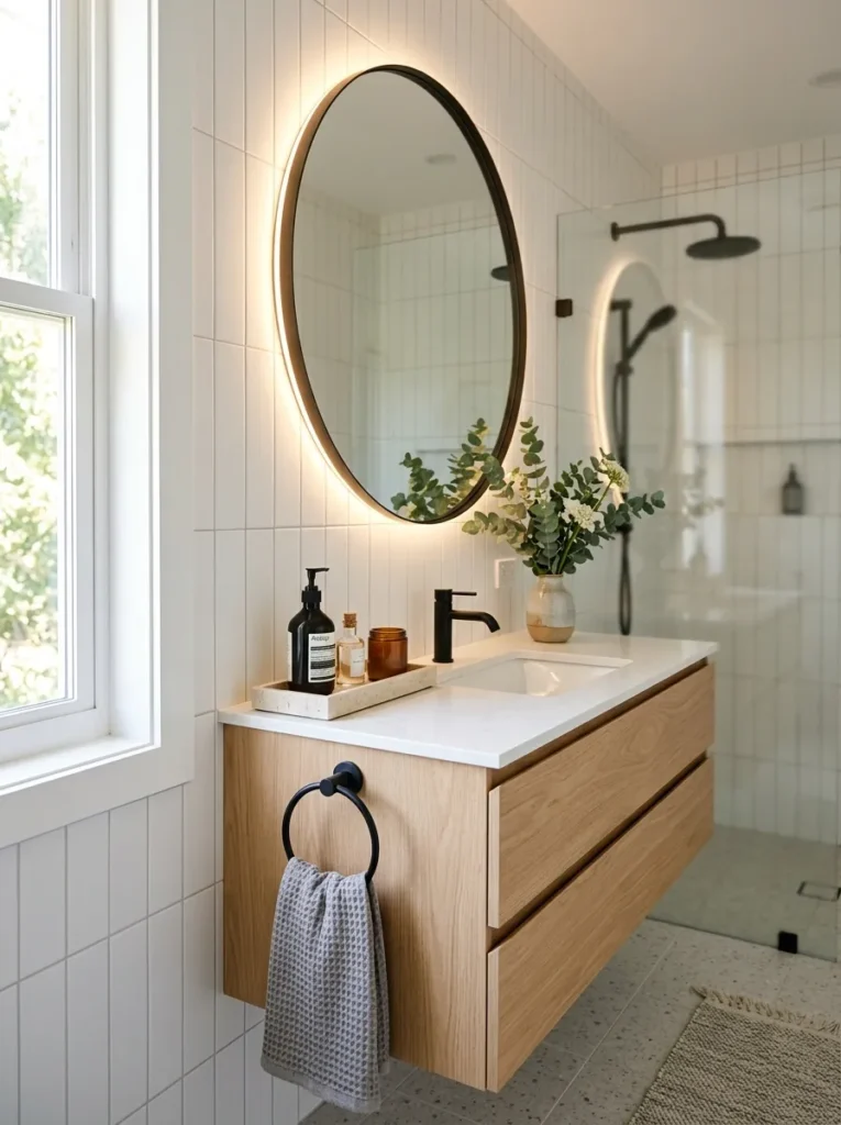Luxury designer accessories accentuating a modern small bathroom design.