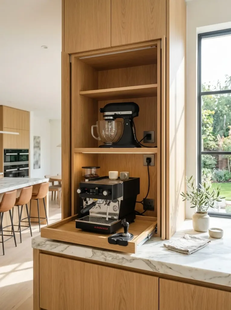 Open modern appliance garage with double-decker shelving in luxury kitchen.