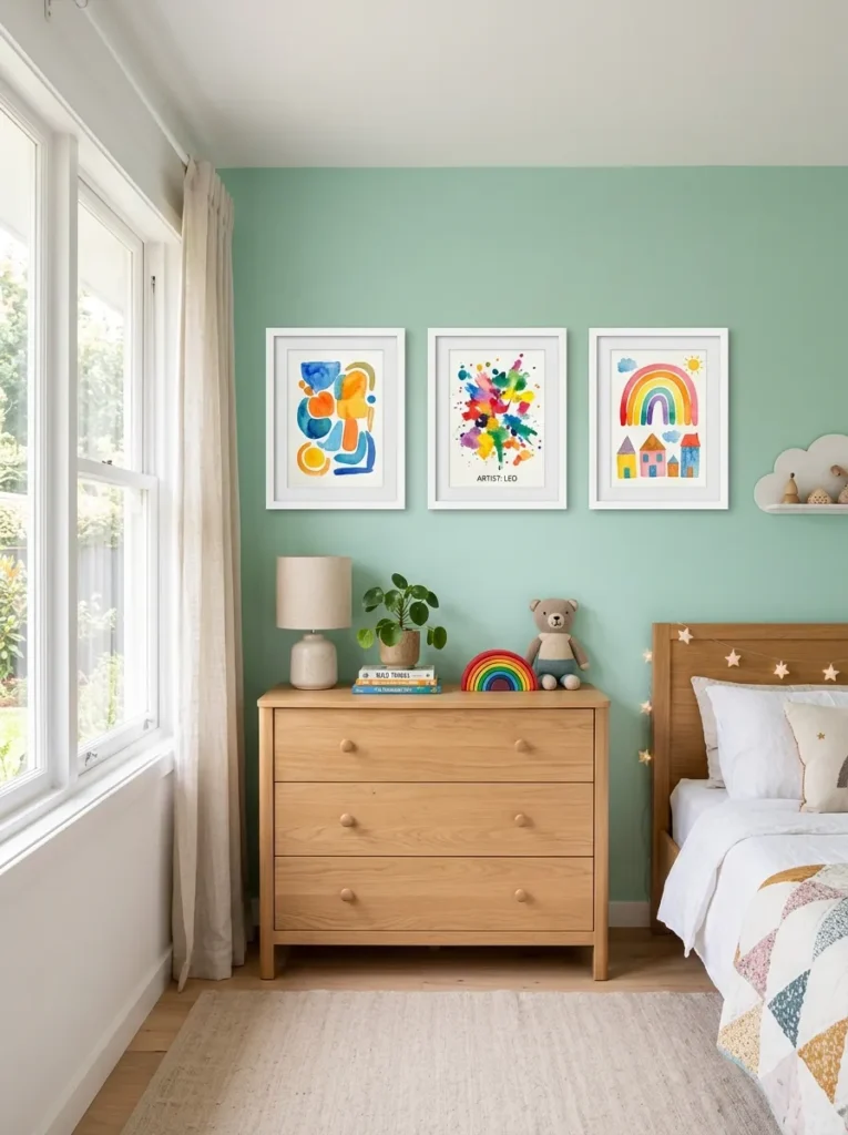 Modern white frames on a colorful Kids Bedroom Gallery Wall.