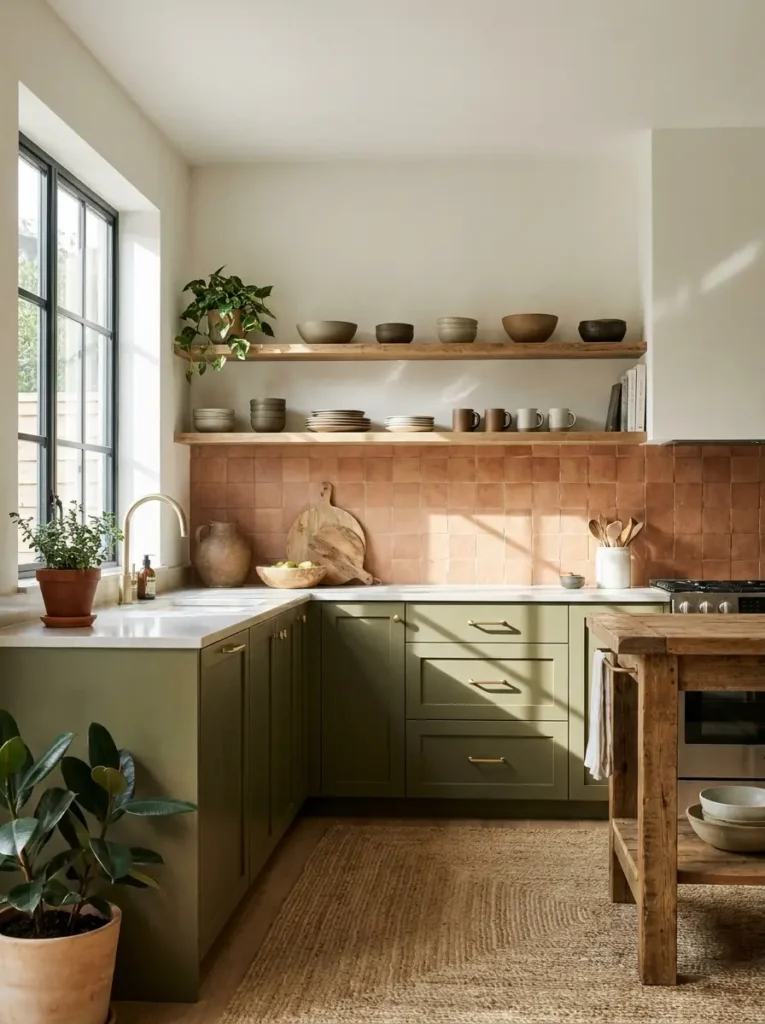 Earthy rustic interior featuring sustainable kitchen decor with wooden shelves.