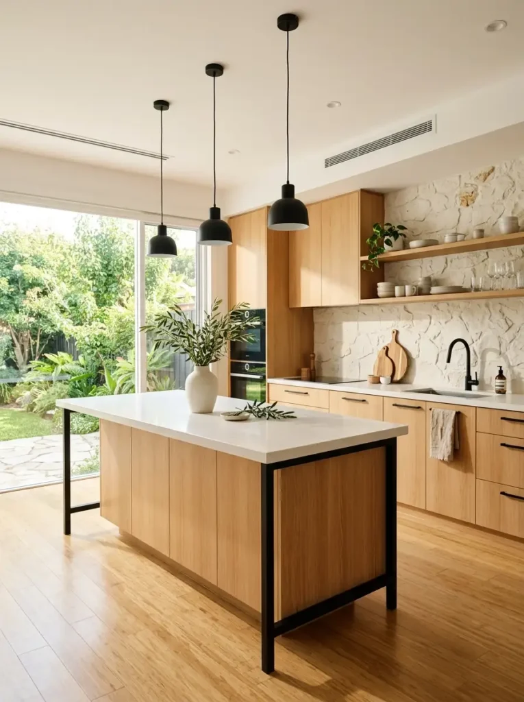 Sustainable kitchen decor with pale bamboo flooring and stone accents.