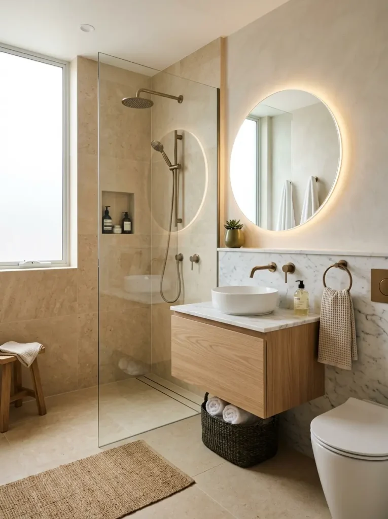 Modern small bathroom design with a floating oak vanity.