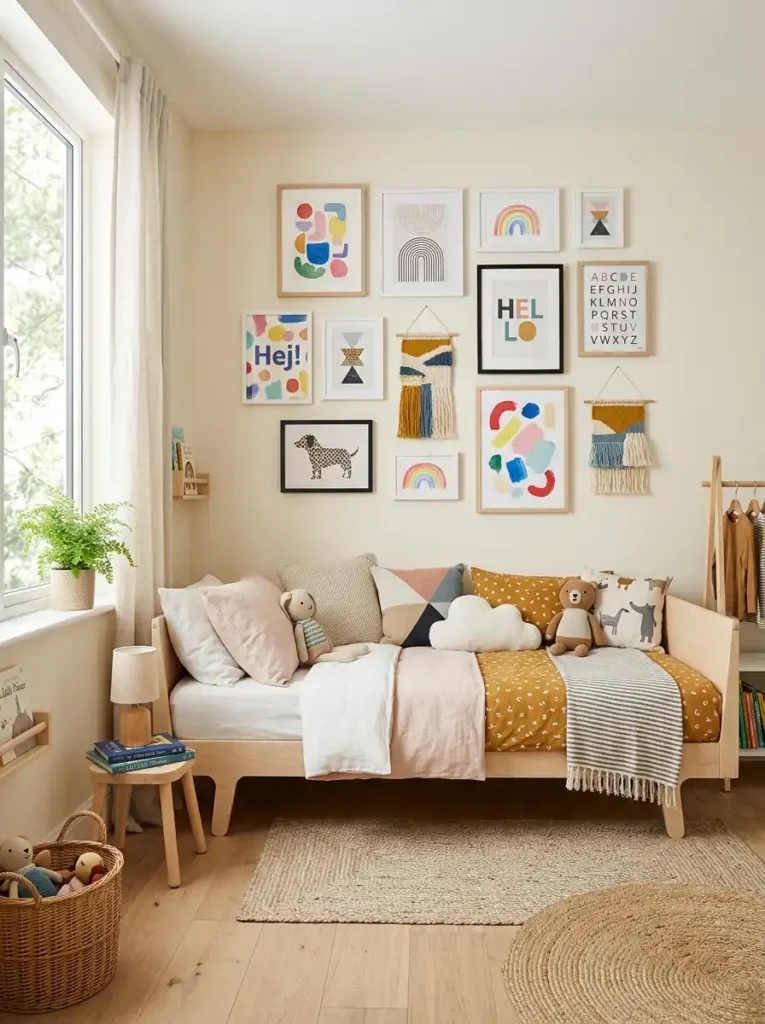 Curated kids bedroom gallery wall with minimalist frames and colorful art.