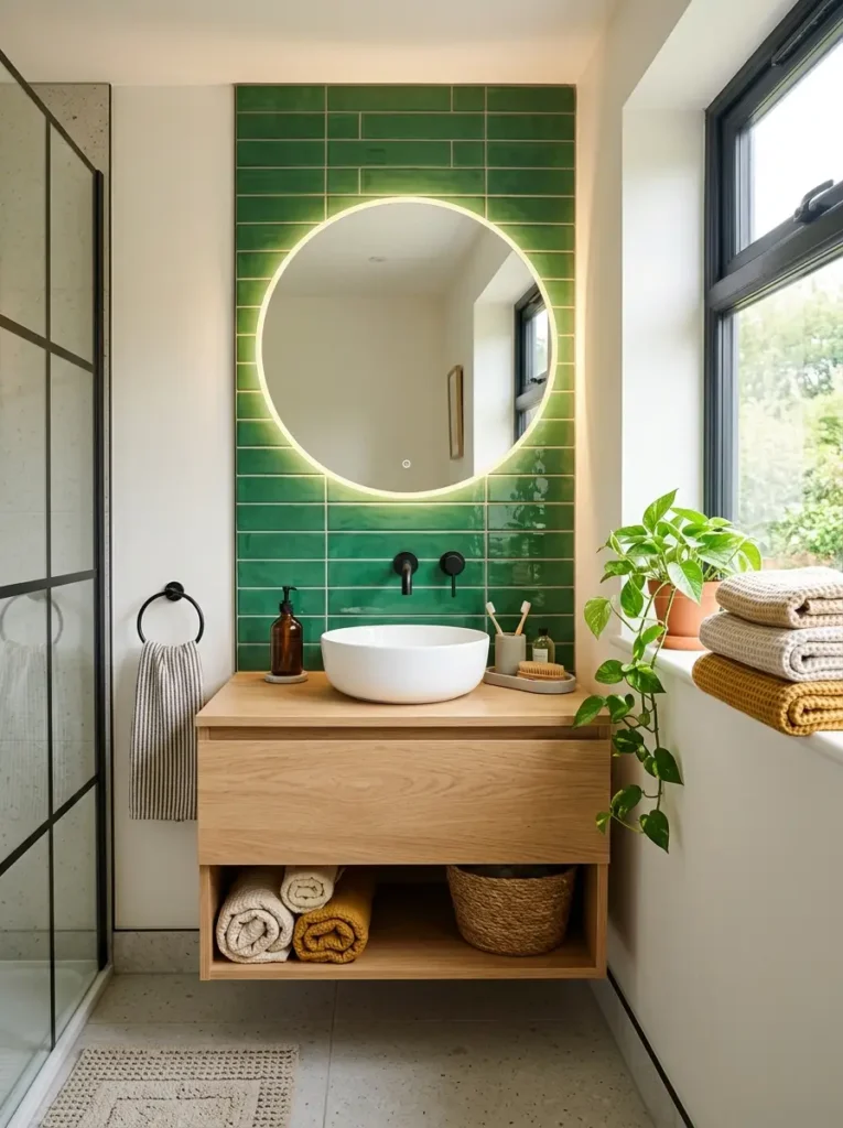 Personalized modern small bathroom design with emerald green tile wall.